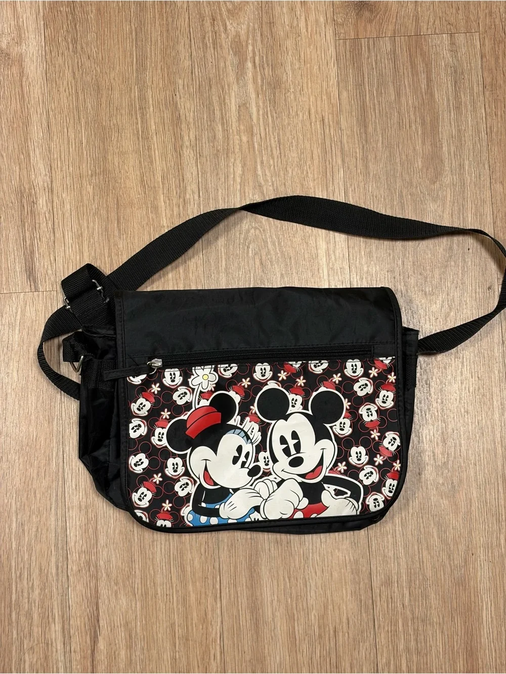 Vintage Disney Black Messenger Bag with Mickey & Minnie Graphic